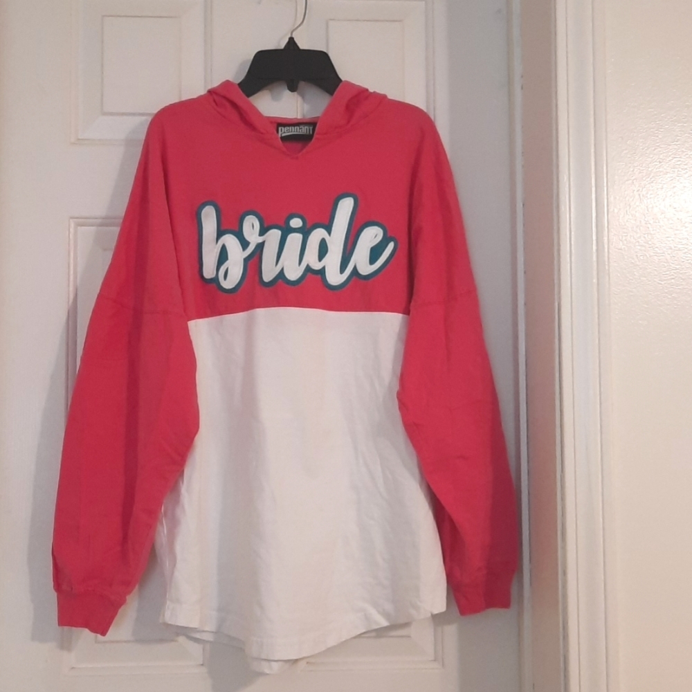 Vintage oversize hoodie longsleeves hot pink, aqua and white "Bride" Embroidered